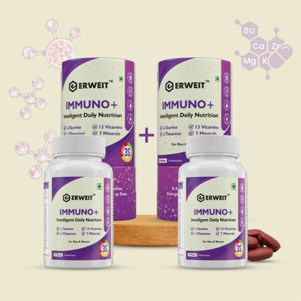 ERWEIT Immuno+ Multivitamin & Multimineral Tablets with L-Taurine & L-Theanine | Intelligent Daily Nutrition with 13 Vitamins & 7 Minerals (Pack of 2)