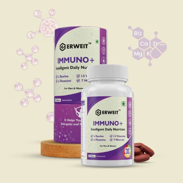 ERWEIT Immuno+ Multivitamin & Multimineral Tablets with L-Taurine & L-Theanine | Intelligent Daily Nutrition with 13 Vitamins & 7 Minerals (Pack of 1)